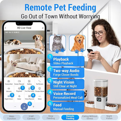 5G WiFi Automatic Cat Feeder with Two HD Camera: 7L Automatic Dog Feeder with Night Vision, Auto Cat Food Dispenser for Multiple Pet, Detachable for Easy Cleaning - 29 Cup