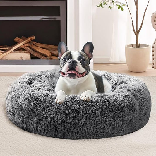 JOLLYVOGUE Small Dog & Cat Beds for Indoor Cats, Donut Cuddler Warming Soft Dog Beds with Anti-Slip Bottom, Round Calming Fluffy Plush Faux Fur Cushion Bed for Small Dogs (20", Smoke Black)