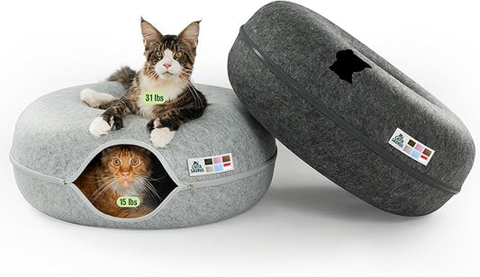 Cattasaurus Peekaboo Cat Cave Duo Jumbo Set, Extra Spacious Cat Donut for Multiple & Large Kitty 15+ lbs, Scratch Detachable Cat Beds for Indoor Cats, Washable Cat Tunnel Bed, Best Kitten Toys