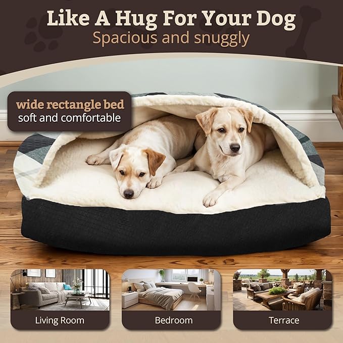 Snoozer Rectangle Cozy Cave Dog Bed - Indoor Dog Bed with Cover Cave, Covered Calming Burrow for Large Sized Pets with Blanket Attached, Enclosed, Washable Cover - XL, Barkley Black Diamond