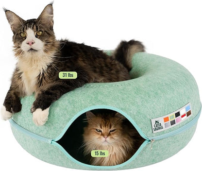 Cattasaurus Peekaboo Cat Cave, Extra Spacious for Multiple & Large Cats 15+ lbs, Scratch Detachable Cat Beds for Indoor Cats, Washable Tunnel Bed, Comfy Donut Tunnel (Sage Mist, Jumbo)