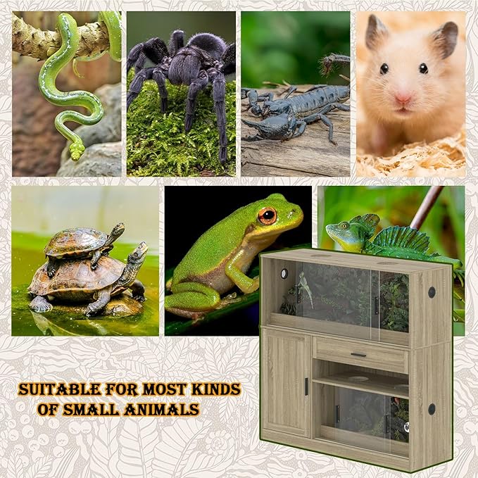 DAWNSPACES Terrarium Stand, Bearded Dragon Cage, Reptile Tank Stand Enclosure, Terrarium Table with Tempered Glass, Ventilation Holes, 1 Cabinet and 1 Drawer for Living Room, Light Oak