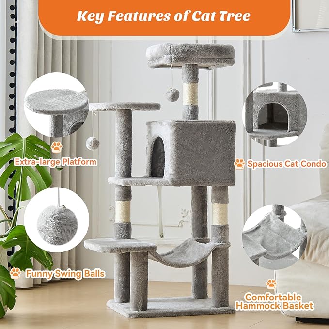 Sweetcrispy 44 inch Cat Tree Tower, Small Cat Climbing Tower with Condo, Natural Sisal Scratching Posts, Extended Platform, Hammock, Pet House for Indoor Cats and Kittens Play, Light Grey