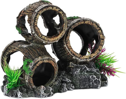 UNEAK - Aquarium Decorations Three Stacked Broken Barrels Fish Tank Decoration Ornament Landscaping Over Rocks Cave Saltwater Freshwater Small & Medium Fish Garden Pond Ornaments Resin