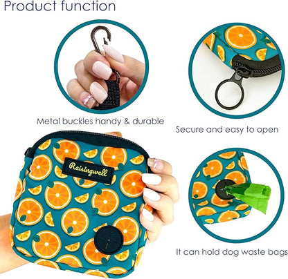 Dog Treat Pouch for Pet Walking and Training with Clicker Poop Bags Small Fanny Zipper Pack Holder for Puppy Snack Dispenser Kit for Leash and Outdoor Use (Fruit Orange)