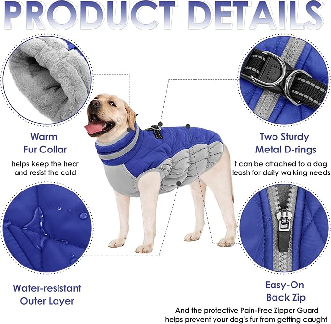 AOFITEE Dog Coat, Warm Dog Jackets for Small Dogs, Dogs Winter Coat with Harness Built in, Reflective Pet Winter Jacket, Waterproof Windproof Puppy Puffer Jacket Fleece Vest, Blue XS