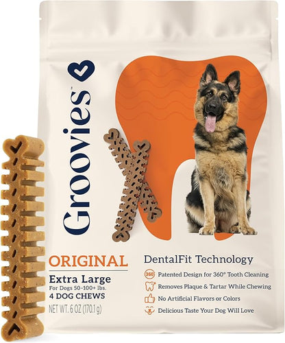 Groovies Flexible, Yet Moderately Tough Daily Dog Dental Chews. Powered by USA-Patented DentalFit Technology. No Added Gluten, No Artificial Flavors or Colors. Original 6oz XLarge (4Chews)