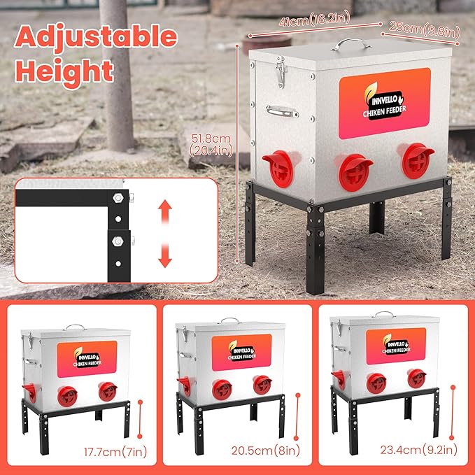 Automatic Gravity Chicken Feeder 40 lb Capacity, Large Metal 6-Port No-Waste Poultry Feeder with Adjustable Height Stand & Locking Lid for Outdoor Chickens, Ducks & Geese