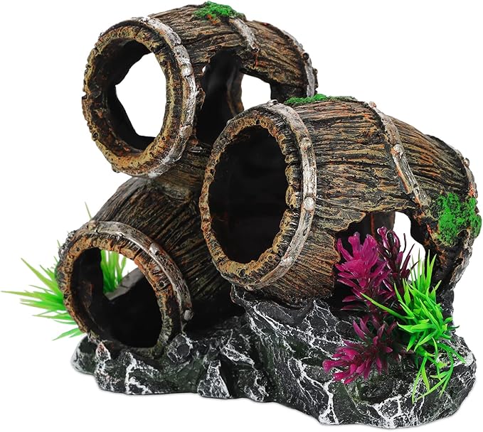 UNEAK - Aquarium Decorations Three Stacked Broken Barrels Fish Tank Decoration Ornament Landscaping Over Rocks Cave Saltwater Freshwater Small & Medium Fish Garden Pond Ornaments Resin