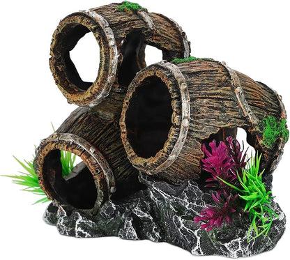 UNEAK - Aquarium Decorations Three Stacked Broken Barrels Fish Tank Decoration Ornament Landscaping Over Rocks Cave Saltwater Freshwater Small & Medium Fish Garden Pond Ornaments Resin
