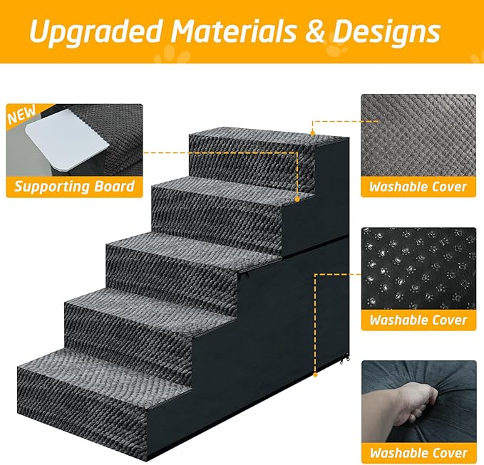 23" H Dog Stairs for Small and Medium Dogs 5-Step Ramps for High Beds and Couch Non-Slip Extra Wide Pet Stairs for Old Dogs and Puppy and Cat - Stable & Durable with Machine Washable Cover Indoor