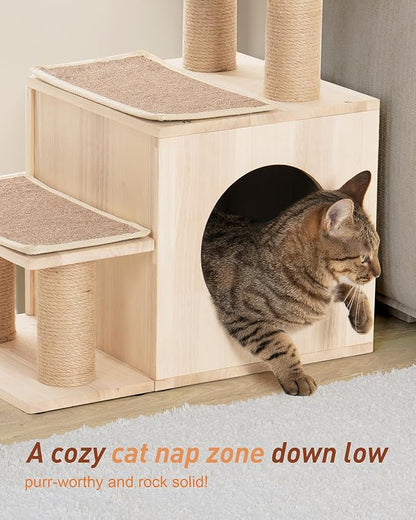 3-in-1 Pet Stairs for Cats, 6.3" Depth Pet Steps for Cat, Wood Cat Stairs for High Bed and Sofa, 1 Condo Cave, Scratching Post, Sturdy Indoor Pet Stairs with Non-Slip Carpet Pads