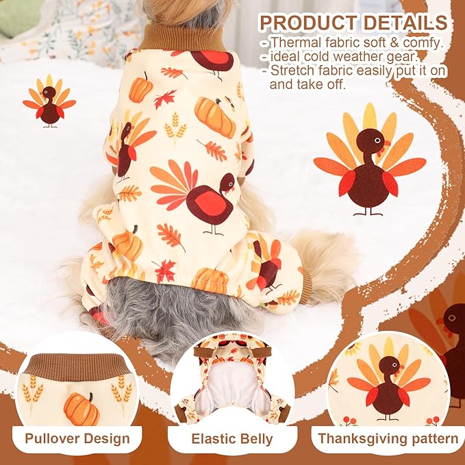 Dog Thanksgiving Outfit Turkey Pumpkin Dog Pajamas Doggie Pjs Pet Jumpsuit Puppy Thanksgiving Clothes Costume Fall Winter Doggy Clothes for Small Dogs Boy Girl, Cat Onesies, Turkey, XS
