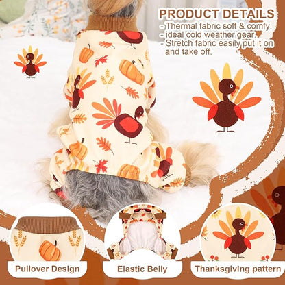 Dog Thanksgiving Outfit Turkey Pumpkin Dog Pajamas Doggie Pjs Pet Jumpsuit Puppy Thanksgiving Clothes Costume Fall Winter Doggy Clothes for Small Dogs Boy Girl, Cat Onesies, Turkey, XS
