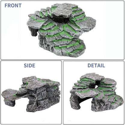 MoonOrange Turtle Basking Platform, Reptile Habitat Hideout, Decorative Resin for Aquarium & Terrarium, Including Artificial Plant and Cleaning Brush.(C-Medium-Black)