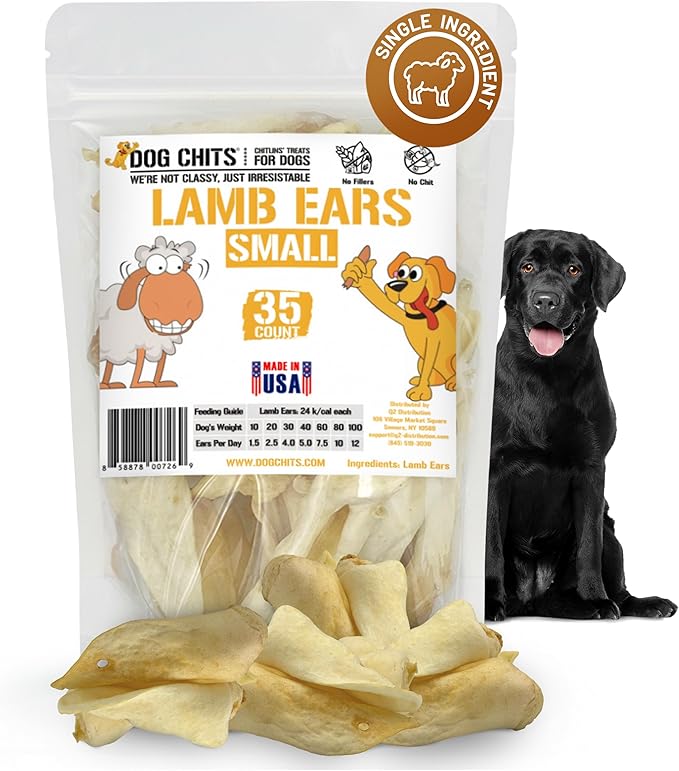 Dog Chits Lamb Ears for Dogs – 100% Natural Baked Lamb Ear Dog Treats – Grain-Free, High Protein, Lower Fat Training Chews – Dental Health & Joint Support – for Medium and Small Pups – 35 Pack