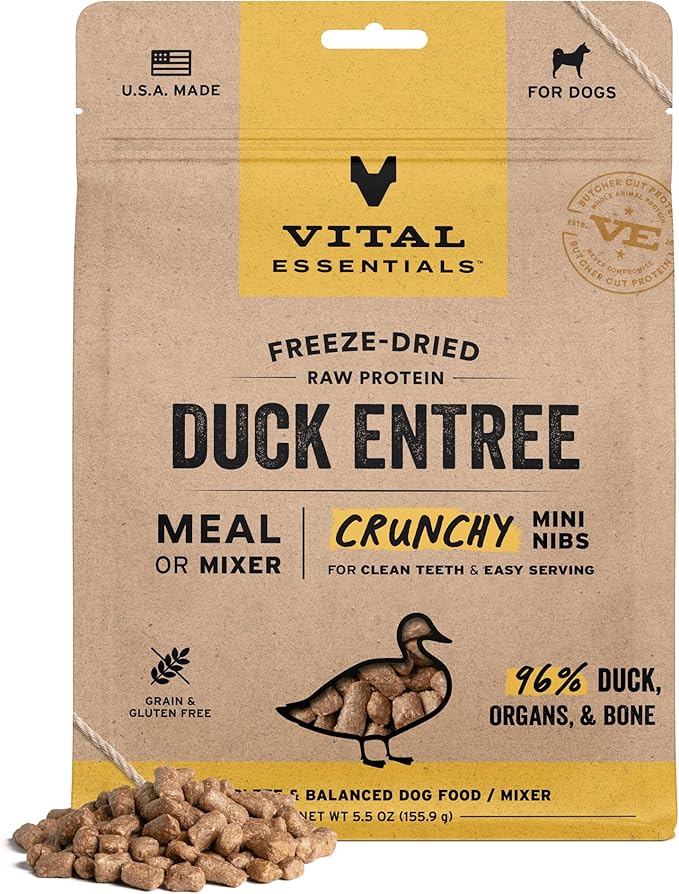 Vital Essentials Freeze-Dried Raw Duck Crunchy Mini Nibs | Complete Meal or Mixer Dog Food | 5.5 oz