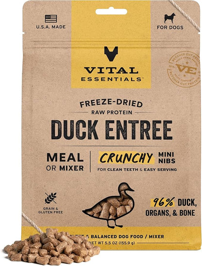 Vital Essentials Freeze-Dried Raw Duck Crunchy Mini Nibs | Complete Meal or Mixer Dog Food | 5.5 oz