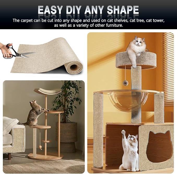 2Pack Total 78.7"x15.8" Cat Scratch Mat for Cat Couch Furniture and Wall Protector | Trimmable Self-Adhesive Carpet Climb Cat Scratcher for Covering Cat Tower and Replacement Pads (Khaki)