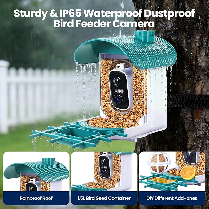 Smart Bird Feeder with Camera Solar Powered : 2K HD Live View, AI Bi rd Identification ＆ Instant Alerts, Weatherproof Smart Camera Bird Houses for Outside Garden - Gifts for Women, Green