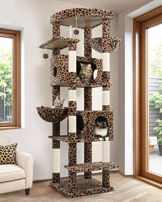 Globlazer Heavy Duty Cat Tree, 74inch Sturdy Cat Tower for Large Cats Adult, Big Cat Tree with 7 Sisal Scratching Posts, 2 Padded Cat Condos, 2 Hanging Baskets, Enlarged Top Perch, S74, Leopard Print