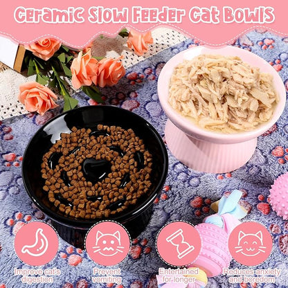 Tioncy 2 Pcs Raised Cat Slow Feeder Bowl Ceramic Elevated Cat Dog Food Bowl No Spill High Edge for Dry Wet Food and Water Easy to Clean, Dishwasher Safe(Black, Pink)