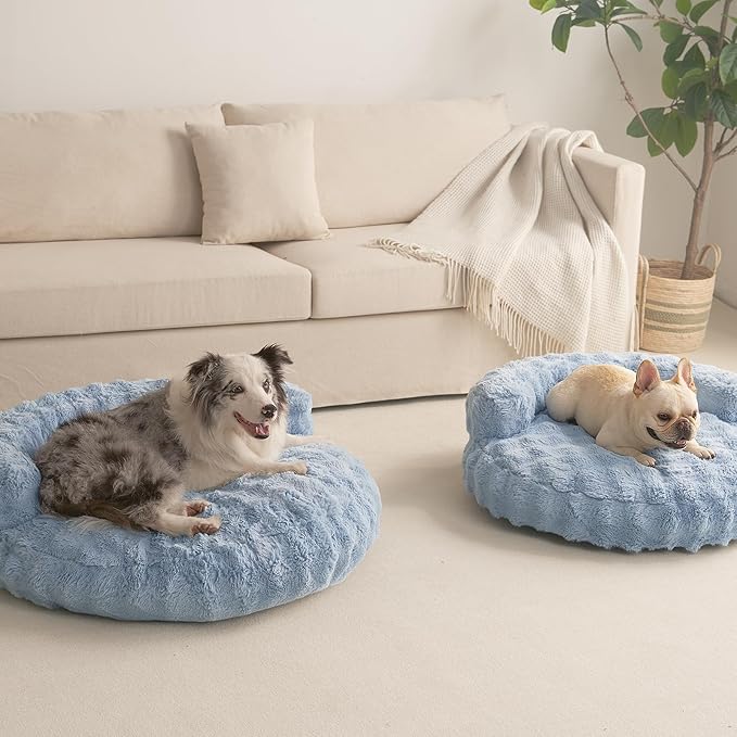 EHEYCIGA Large Dog Bed Sofa – Fluffy Faux Rabbit Fur Pet Couch for Medium and Large Dogs, Washable Removable Cover, Waterproof and Non-Slip, 36 Inch, Baby Blue