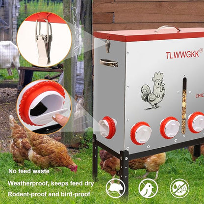 85 lbs Large Automatic Chicken Feeder - 10-Port No-Waste Dispenser with Visual Window & Height-Adjustable Legs - Rodent/Goat Proof, All-Weather Heavy-Duty Galvanized Metal Design for Outdoor Poultry