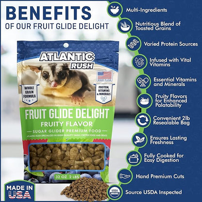 Atlantic Rush Fruit Glide Delight Sugar Glider Food - 2lb Resealable Bag of Food for Sugar Gliders - Complete Nutrition, High Protein and Vitamins Sourced and Made in USA - Sugar Glider Treats