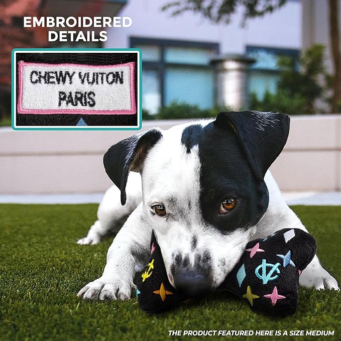 Haute Diggity Dog Black Monogram Chewy Vuiton Bone, Plush Designer Dog Toys with Interactive Squeaker, Stimulating Pet Enrichment, Machine-Washable & Safe Materials for All Breeds, Size Small