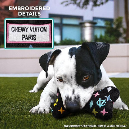 Haute Diggity Dog Black Monogram Chewy Vuiton Bone, Plush Designer Dog Toys with Interactive Squeaker, Stimulating Pet Enrichment, Machine-Washable & Safe Materials for All Breeds, Size Small