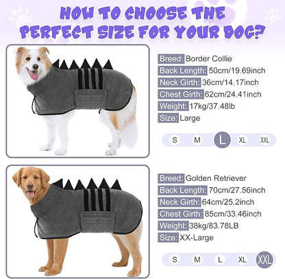 Super Absorbent Dog Bathrobe, Microfiber Bath Robe Towel for Fast Drying, Cozy Fit, Adjustable Belly Strap, Unique Dinosaur Design Dog Drying Coat for Bath, Rainy Walks & Cold Weather