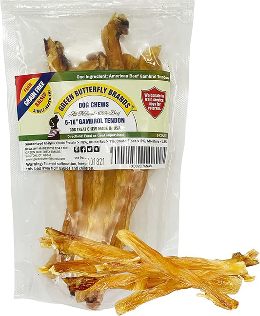 Beef Tendons for Dogs - 6-10 Inch Grass Fed Farm-Raised American Treats. All Natural Dental Chews. Grain Free Odor-Free (5 Count)