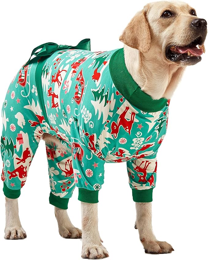 LovinPet Large Dog Christmas Pajamas for Dogs - Shirts for Big Dogs Xmas Holiday Costume Lightweight Pullover, Christmas Critters Aqua Prints Large Dog Pjs, Pitbull Dog Onesie, Pitbull Pajamas,L