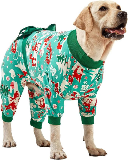 LovinPet Large Dog Christmas Pajamas for Dogs - Shirts for Big Dogs Xmas Holiday Costume Lightweight Pullover, Christmas Critters Aqua Prints Large Dog Pjs, Pitbull Dog Onesie, Pitbull Pajamas,L