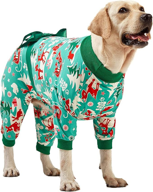 LovinPet Large Dog Christmas Pajamas for Dogs - Shirts for Big Dogs Xmas Holiday Costume Lightweight Pullover, Christmas Critters Aqua Prints Large Dog Pjs, Pitbull Dog Onesie, Pitbull Pajamas,L