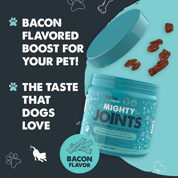 Mighty Paw Waggables Joint Support Supplement for Dogs (Made in USA) | Glucosamine for Dogs Hip and Joint Supplement. Vet Formulated Pet Mobility, Chondriotin & MSM Pet Chews (120 Ct)