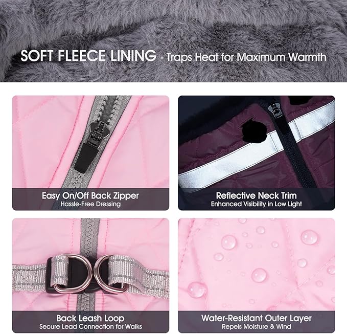 FUAMEY Dog Coat for Medium Dogs,Waterproof Dog Winter Jacket with Harness Built in Puppy Cold Weather Coats Reflective Pet Vest with Zipper Warm Fleece Dogs Snowsuit Windproof Pink M