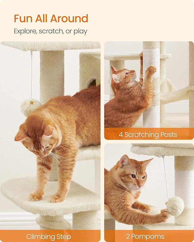 Feandrea Cat Tree, 44.1-Inch Cat Tower, Plush Multi-Level Condo with 4 Scratching Posts, 2 Perches, Hammock, Cave, Beige UPCT261M01