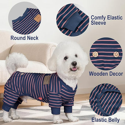 KYEESE Dog Pajamas, Striped Clothes Pet PJS, Velvet Fleece Doggie Jammies, 4 Legs Outfit Soft Dog Pajamas, Cozy Pet Clothes Onesie, Comfortable PJS for Medium Dogs,Navy Blue Striped, XX-Large