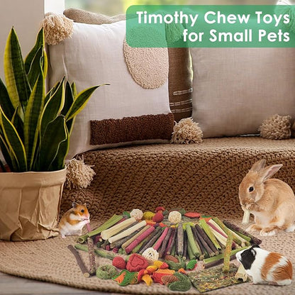 ERKOON 106PCS Bunny Chew Toys for Rabbits Teeth, Natural Rabbit Toys Apple Wood Sticks, Carrot, Timothy Grass Treats for Small Pets, Hamster, Chinchilla, Guinea Pig Dental Care and Treat Teething Toys
