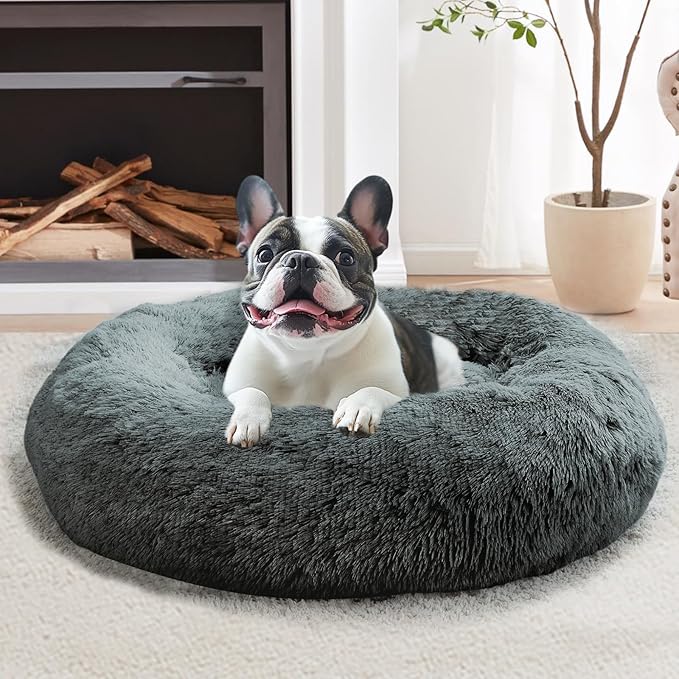 JOLLYVOGUE Small Dog & Cat Beds for Indoor Cats, Donut Cuddler Warming Soft Dog Beds with Anti-Slip Bottom, Round Calming Fluffy Plush Faux Fur Cushion Bed for Small Dogs (20")