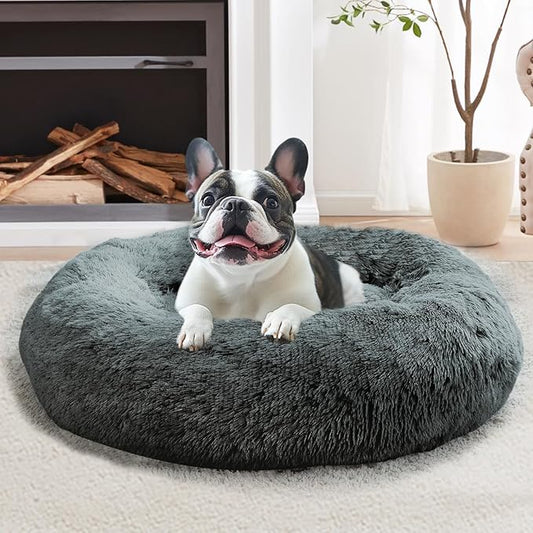 JOLLYVOGUE Small Dog & Cat Beds for Indoor Cats, Donut Cuddler Warming Soft Dog Beds with Anti-Slip Bottom, Round Calming Fluffy Plush Faux Fur Cushion Bed for Small Dogs (20")