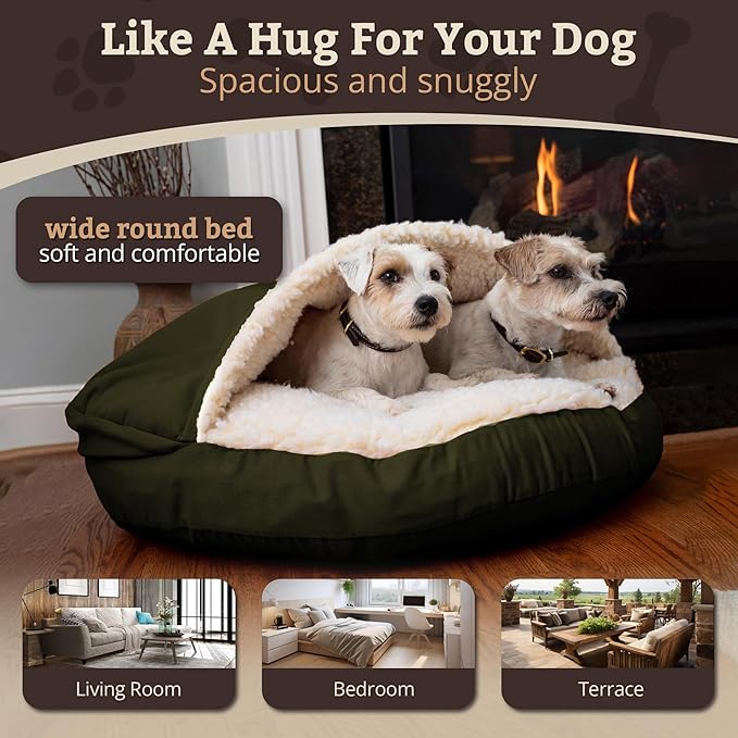 Snoozer Cozy Cave Dog Bed - Indoor Dog Bed with Cover Cave, Covered Calming Burrow for Medium & Large Sized Pets with Blanket Attached, Enclosed, Removable Washable Cover - XL, Olive