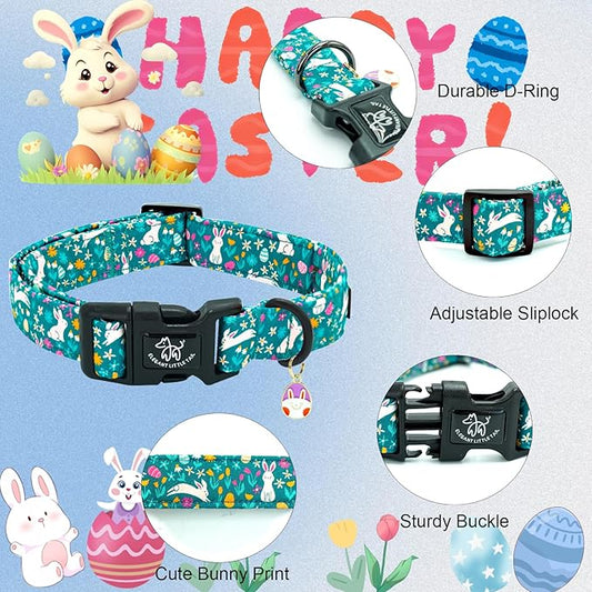 Elegant little tail Easter Dog Collar, Cute Rabbit Pattern Pet Collar Durable Holiday Girl or Boy Adjustable Cotton Pet Collar with Quick Release Buckle for X-Small Puppy