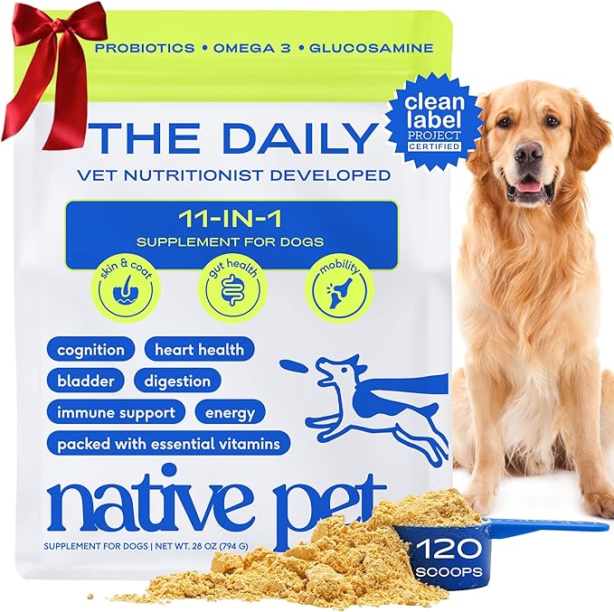 Native Pet Dog Vitamins & Supplements - 11-in-1 Vitamin Powder for Dog Food Topper - Collagen, Glucosamine, Probiotics, Omega & More- Supports Healthy Gut, Mobility & Overall Health - 120 Scoops