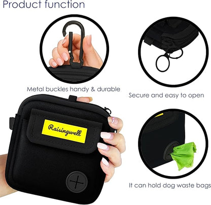 Dog Treat Pouch for Pet Walking and Training with Clicker, Poop Bags, and Three Bags Design Small Fanny Zipper Pack Holder for Puppy Snack Dispenser Kit for Leash and Outdoor Use (Black)