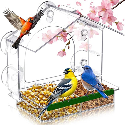 Window Bird Feeder with 5 Extra Strong Suction Cups, Clear Birdfeeders for Outdoors, Sturdy and Durable Bird House for Window Viewing Outside,Garden Decor Gifts for Bird Lover