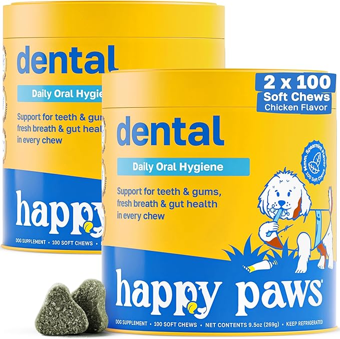 Happy Paws Dental Supplement for Dogs, Oral Care Support for All Breeds & Ages, Fresh Breath & Daily Dental Care with Spearmint & Spirulina, Natural Spearmint Flavor, Organic, Non GMO, 200 Soft Chews