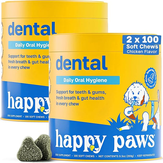 Happy Paws Dental Supplement for Dogs, Oral Care Support for All Breeds & Ages, Fresh Breath & Daily Dental Care with Spearmint & Spirulina, Natural Spearmint Flavor, Organic, Non GMO, 200 Soft Chews